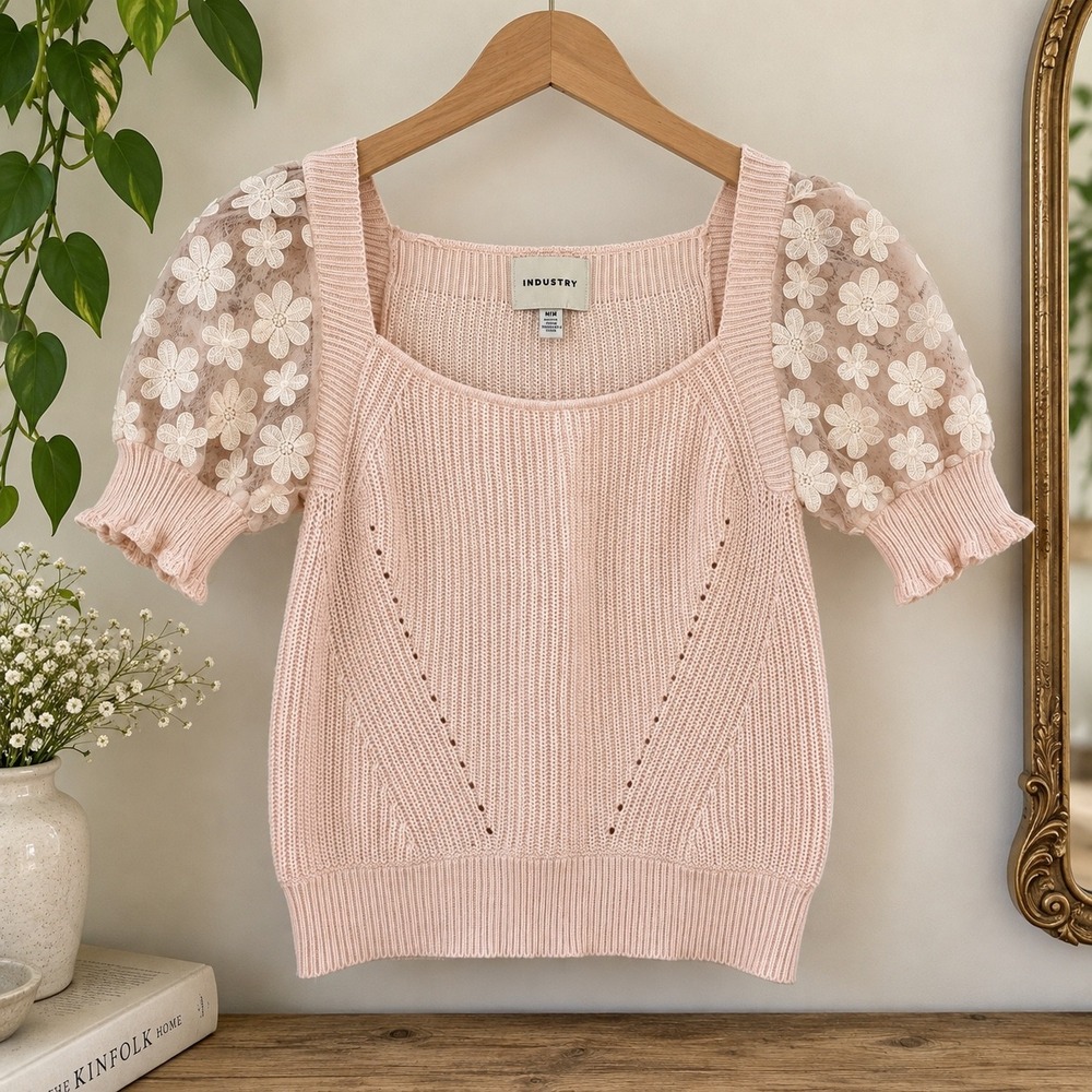 Industry Republic Pink Ribbed Knit Top Floral Lace Puff Sleeve Square Neck M